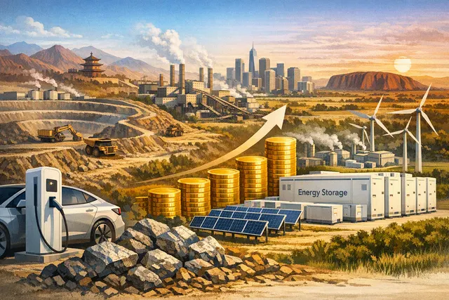 Editorial illustration of lithium supply chains, electric vehicles and grid-scale battery storage