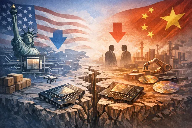 Illustration of a CPU chip divided between US and China flags, with export control chains surrounding it.