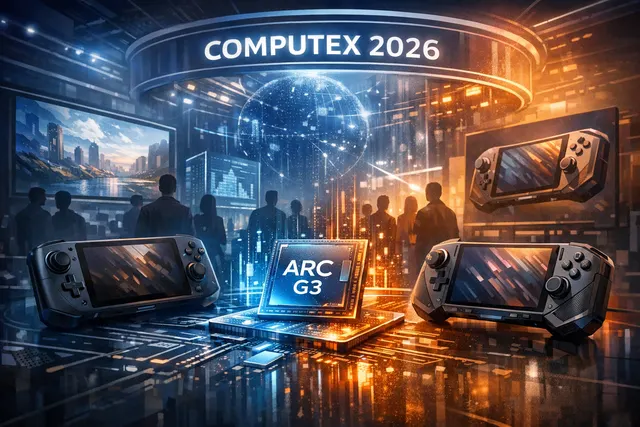 Conceptual rendering of next-generation handheld gaming PCs showcased against a futuristic Computex 2026 backdrop