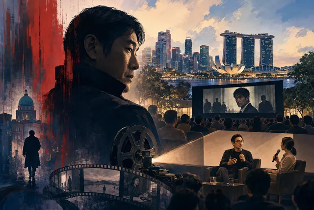 AI-generated editorial illustration for a guide to the 2026 Singapore International Film Festival