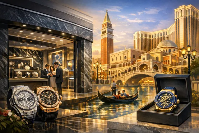 Hublot’s new boutique opening at The Venetian Macao featuring an exclusive Big Bang Ceramic Carbon watch display.