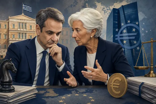 Editorial illustration of Christine Lagarde, Greece and Binance’s European crypto licensing dispute