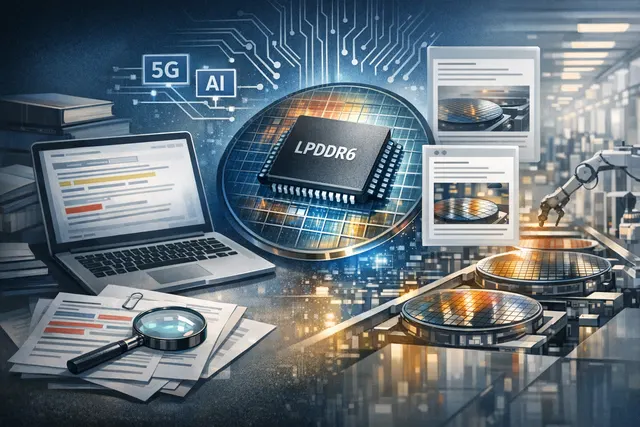 abstract glowing circuit board design representing SK Hynix LPDDR6 memory chip technology and mass production timeline