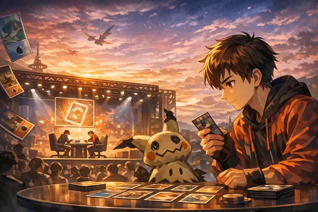 Stylized editorial illustration representing Pokémon: Wild Card, with a Pokémon Trading Card Game player and Mimikyu