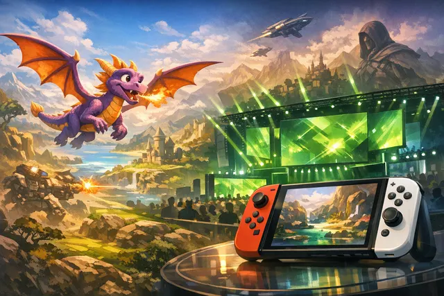A collage of promotional artwork for Spyro: A Realm Beyond, Crazy Taxi: World Tour, and Wo Long 2: Wings of Ember with logos for the Xbox Games Showcase 2026 and Nintendo Switch 2.