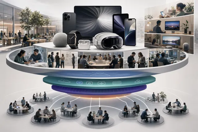 Illustration representing Apple’s global ecosystem of devices, services, and financial growth