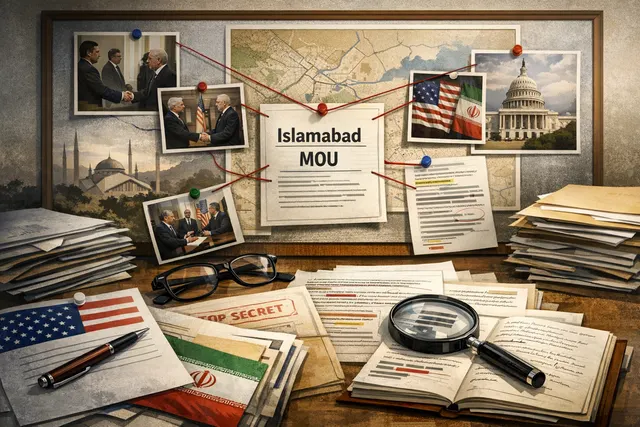 US and Iran flags flanking a document titled Islamabad Memorandum of Understanding with a globe and scales of justice in background