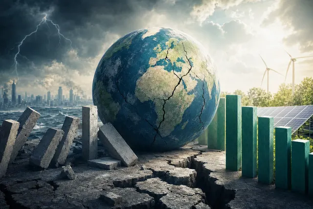Illustration of the global economy balancing amid energy disruption, rising debt and AI-driven demand