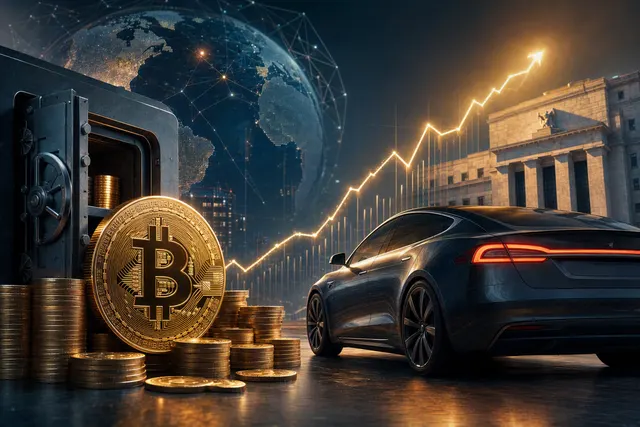 AI-generated editorial illustration accompanying an article about Tesla’s Bitcoin holdings and the September 2026 rally