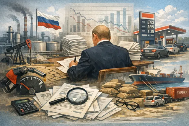 Editorial illustration of the 2025-2026 Russian fuel crisis, showing an oil refinery silhouette and fuel pump imagery