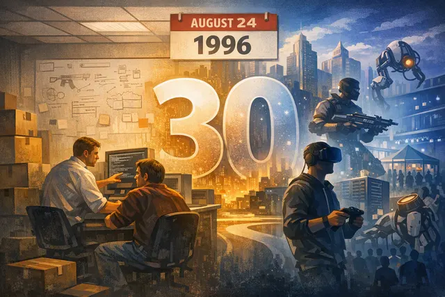 Editorial illustration of Valve’s evolution from Half-Life and Steam to Steam Deck, Steam Machine and Steam Frame