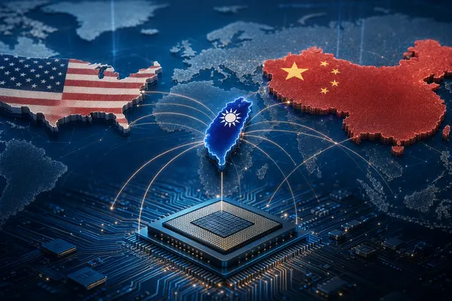 Illustration of Taiwan at the center of the global AI semiconductor supply chain
