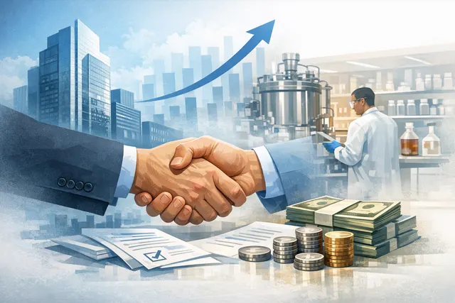 Abstract illustration of a corporate acquisition in the software and life sciences space, featuring digital validation and private equity themes.