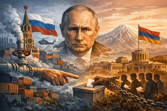 An editorial illustration showing the flags of Russia and Armenia divided by a crack, with a ballot box in the foreground, representing the intense geopolitical pressure surroundin