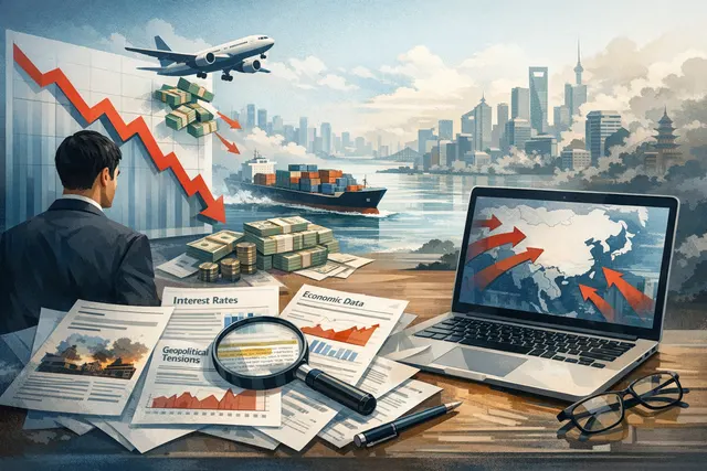 Abstract visualization of capital outflows from Asian markets, with downward arrows and data points representing record foreign selling in 2026.