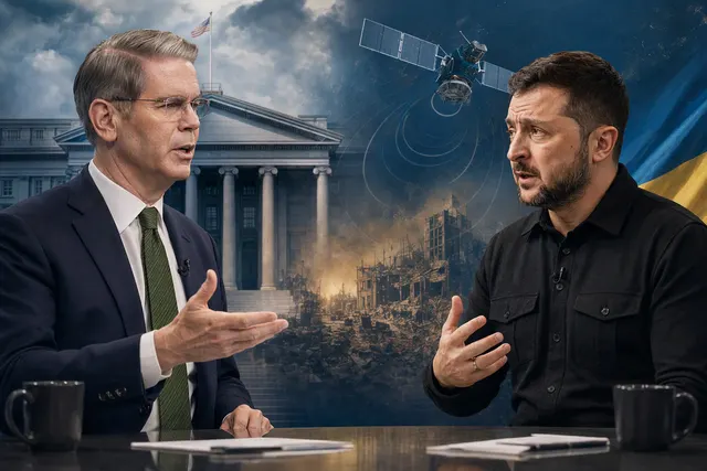 Editorial illustration representing the dispute between Scott Bessent and Volodymyr Zelenskyy over U.S. support and Starshield restrictions