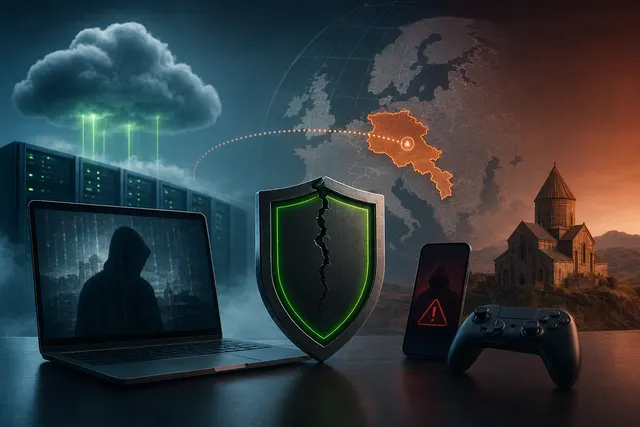 Editorial illustration of a GeForce NOW data breach tied to GFN.am with cloud gaming and cybersecurity imagery