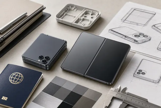 Editorial illustration of a book-style foldable smartphone opened to reveal a large inner display