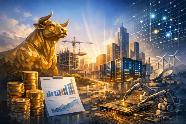 Abstract editorial illustration of global stock-market growth, corporate earnings charts and artificial-intelligence infrastructure