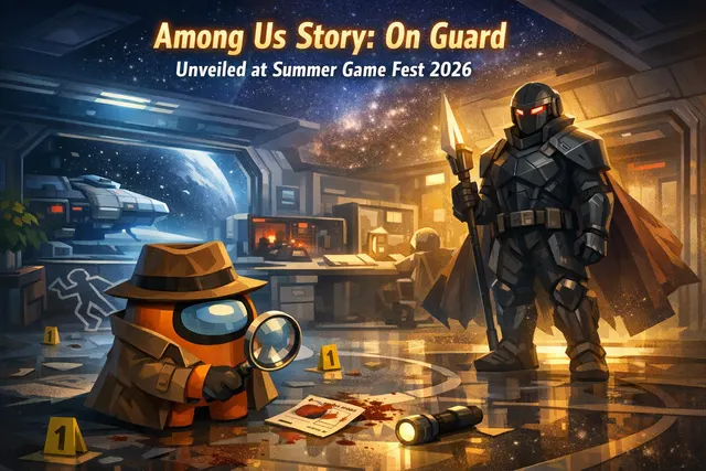 A stylized key art image for Among Us Story: On Guard featuring a red crewmate in a security uniform standing in a dimly lit spaceship corridor