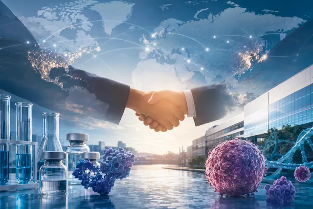 Illustration of the Bristol Myers Squibb and Hengrui Pharma biopharma collaboration across oncology, hematology and immunology