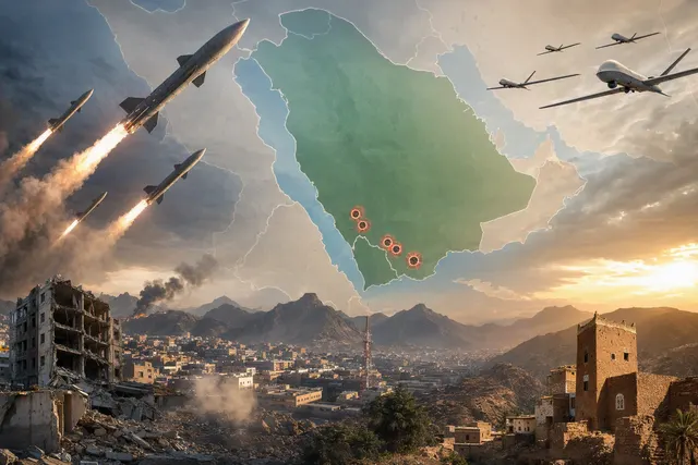 Illustration of missile and drone threats over Saudi energy infrastructure