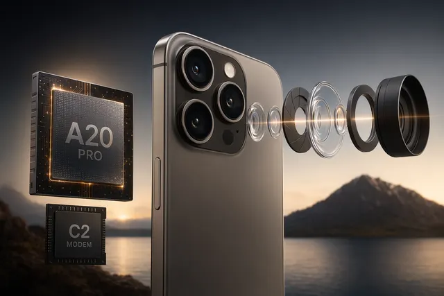 Editorial illustration of a futuristic iPhone representing rumored A20 Pro, C2 modem and variable-aperture camera upgrades