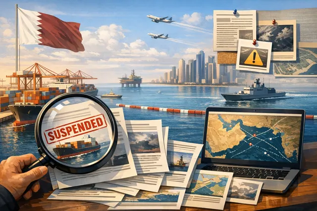 A digital illustration representing the Strait of Hormuz crisis, featuring a stylized maritime navigation map overlay with warning markers, set against a backdrop of dark storm clo