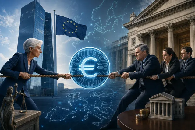 Concept illustration of Europe’s digital euro and competing payment networks