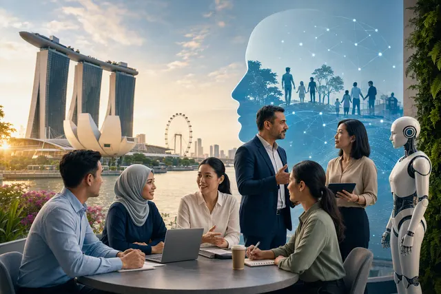 AI-generated editorial illustration for Singapore’s HR certification and people-centred AI reforms