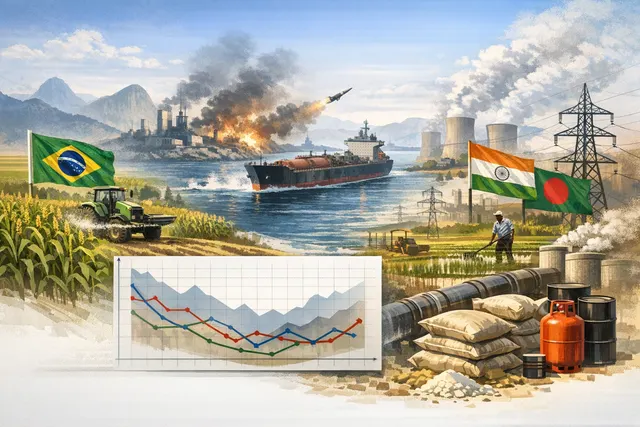 A divided map of Brazil, India, and Bangladesh with a fertilizer icon and red upward-trending price arrows, symbolizing the global fertilizer crisis caused by the Iran war.