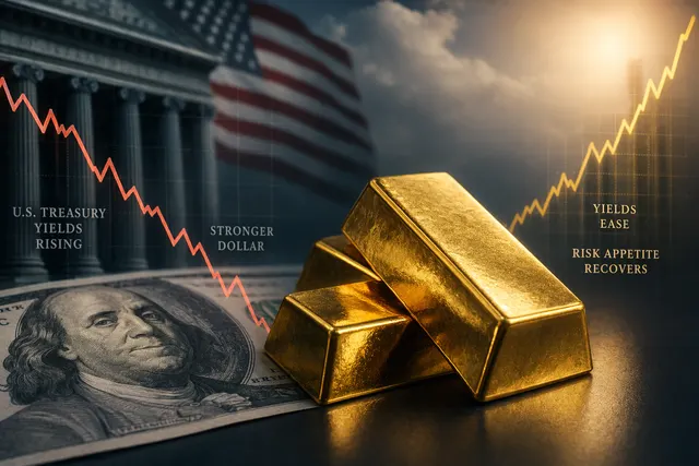 Gold price chart and bullion bars illustrating market volatility during a seven‑week low and rebound