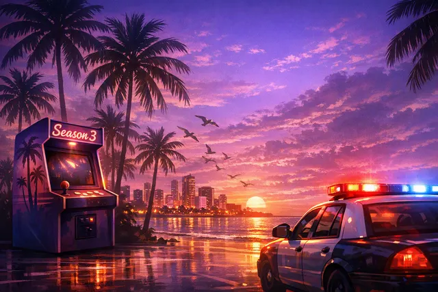 Stylized basketball court with purple Vice City-inspired palm trees and arcade cabinets suggesting an NBA 2K27 and GTA 6 crossover