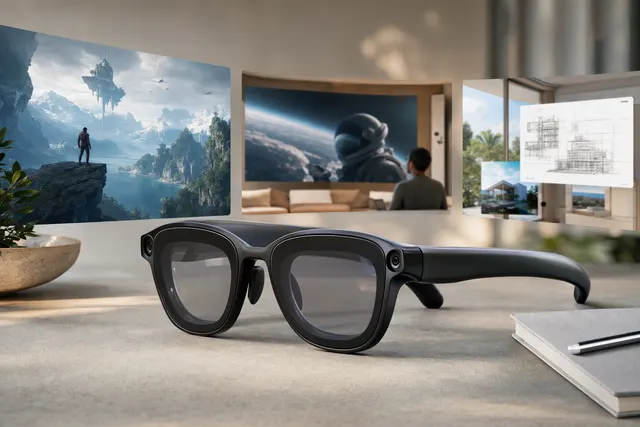 Illustration of Meta’s lightweight VR glasses concept with a separate computing puck