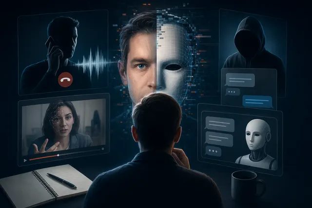 Person prüft einen verdächtigen KI-Anruf mit Warnsymbolen für Deepfake und Betrug