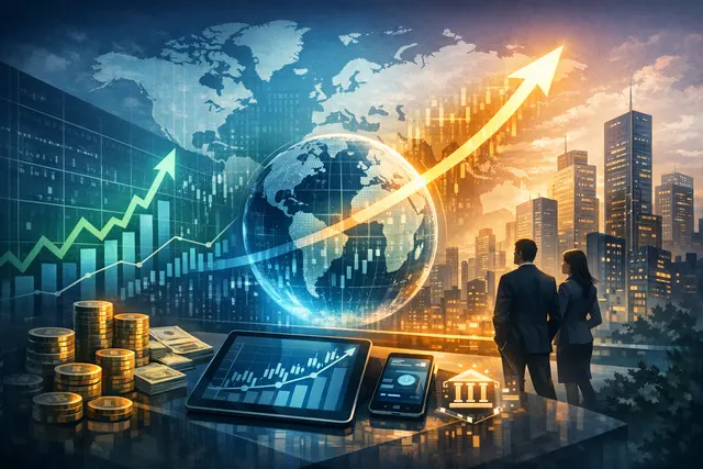 A dynamic illustration showing a rising green arrow chart breaking through a glass ceiling labeled $500B, with fintech-related icons like smartphones, digital wallets, and blockcha
