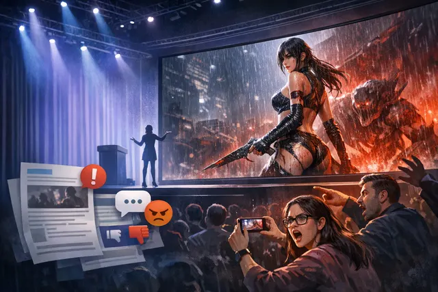 A futuristic cityscape from Stellar Blade: Blood Rain with overlaid text discussing AI allegations.