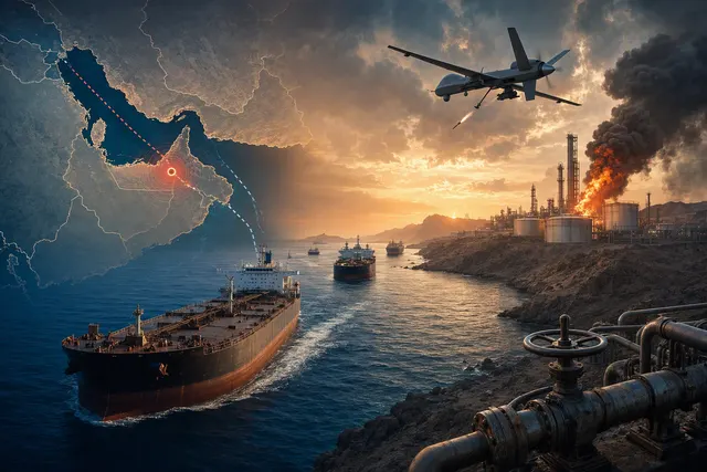 Editorial illustration of tanker shipping disruption around the Strait of Hormuz