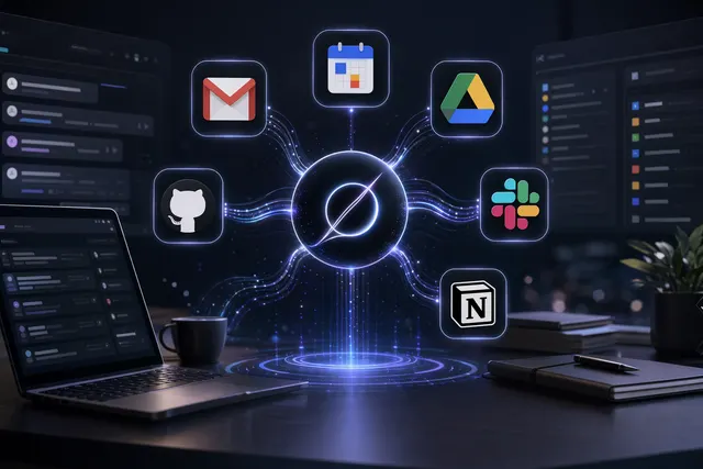 Illustration of Grok connected to Gmail, Google Calendar, Google Drive, GitHub, Notion and Slack work apps