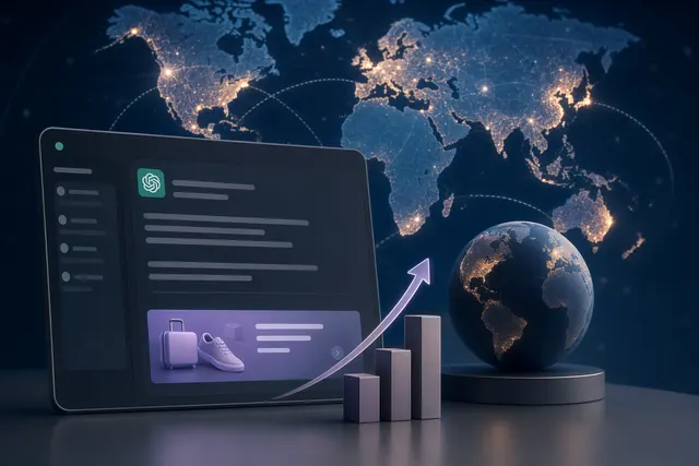 Editorial illustration of ChatGPT advertising expanding from a U.S. test toward global markets