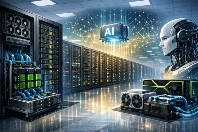 Illustration of Cisco and Supermicro rack-scale GPU systems connected through an AI data-center network