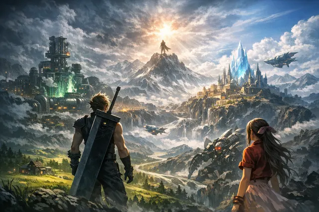 Cinematic hero artwork for Final Fantasy VII Revelation featuring Cloud Strife and key party members with the Highwind airship in the background.