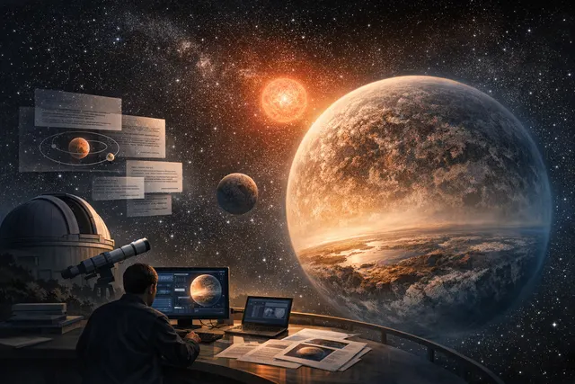Artist impression of the exoplanet LHS 1140b, a rocky super-Earth in the habitable zone with a glowing atmosphere