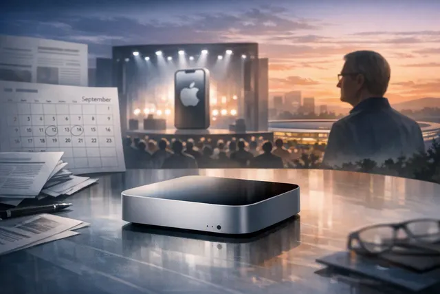 AI-generated illustration of a compact Apple Mac mini desktop computer beside Apple silicon chips