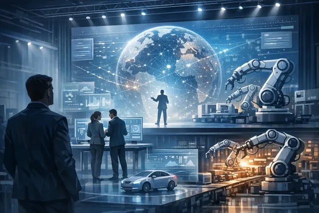 Abstract editorial illustration of autonomous AI agents coordinating enterprise workflows across data, infrastructure, and security systems