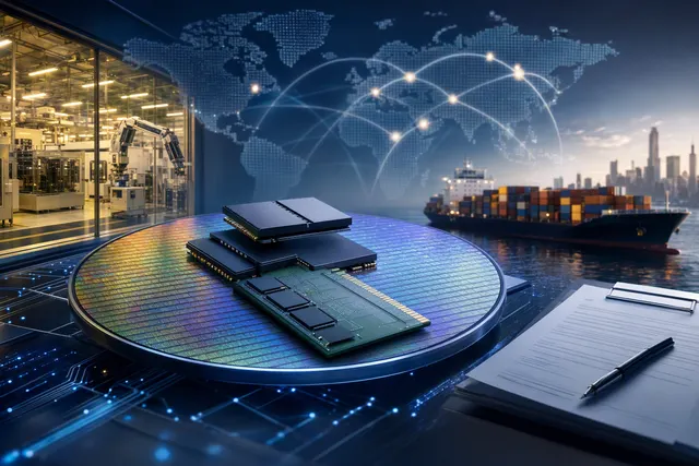 Editorial illustration representing Samsung memory chips and long-term supply agreements for AI infrastructure