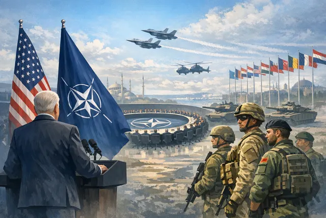 U.S. and NATO flags side-by-side at alliance headquarters, illustrating the evolving transatlantic defense relationship amid force contribution reductions