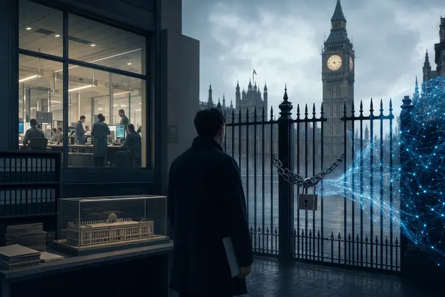 Editorial illustration representing the UK AI Security Institute’s restricted access to an advanced AI model