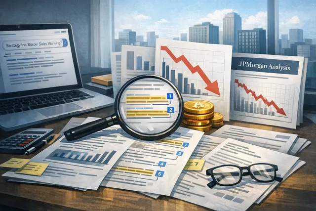 Digital illustration of Bitcoin coin with stock market charts and financial warning indicators, representing Strategy Inc.'s first Bitcoin sale since 2022 and JPMorgan's cautionary