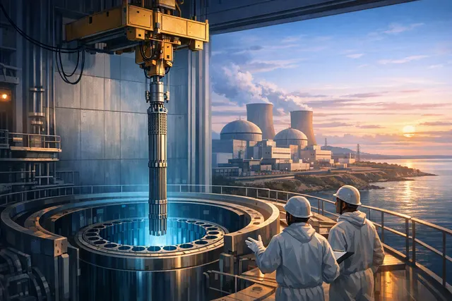 Editorial illustration of nuclear fuel assembly loading at Tianwan Nuclear Power Plant Unit 7